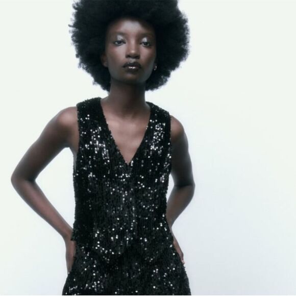 NWT Zara Black Vest Sequin Velvet Bloggers Favorite Size S - Picture 4 of 14